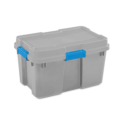 Sterilite 18336A03 30 Gallon Heavy Duty Plastic Storage Container Box with Lid and Latches, Grey/Blue (6 Pack)