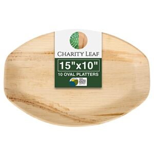 charity leaf disposable palm leaf 15" x 10" trays (10 pieces) bamboo like serving platters, disposable boards, eco-friendly dinnerware for weddings, catering, events
