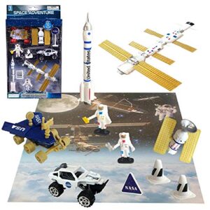 artcreativity 10 pc space explorer toy kit, pretend play set with astronaut figurines, robotic exploration truck, diecast metal vehicle, nasa sign and more, best gift for exploring boys and girls