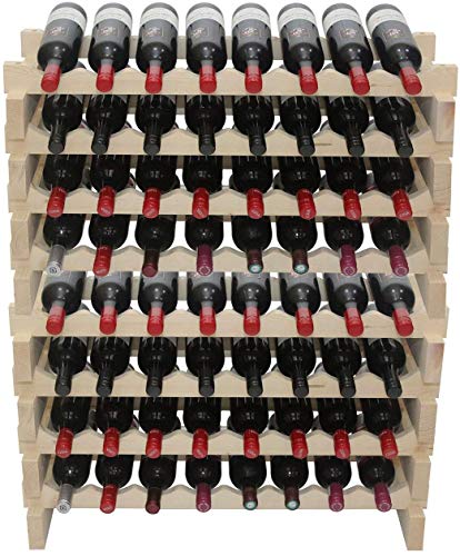 DisplayGifts Pine Thick Wood Stackable Storage Stand Display Shelves Wine Rack Wobble-Free Natural Wood 64 Bottle Capacity 8 X 8 Rows