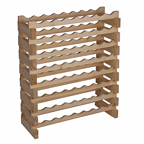 DisplayGifts Pine Thick Wood Stackable Storage Stand Display Shelves Wine Rack Wobble-Free Natural Wood 64 Bottle Capacity 8 X 8 Rows