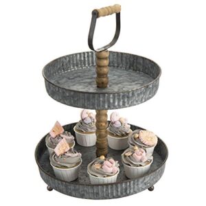 mygift 2 tier cupcake stand, rustic galvanized silver metal pastry, dessert and appetizer serving display stand with carved wooden post and top handle