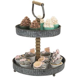 MyGift 2 Tier Cupcake Stand, Rustic Galvanized Silver Metal Pastry, Dessert and Appetizer Serving Display Stand with Carved Wooden Post and Top Handle