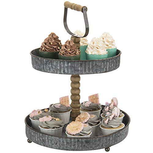 MyGift 2 Tier Cupcake Stand, Rustic Galvanized Silver Metal Pastry, Dessert and Appetizer Serving Display Stand with Carved Wooden Post and Top Handle