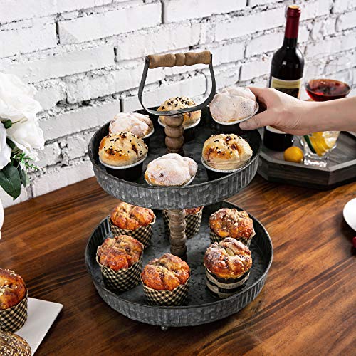 MyGift 2 Tier Cupcake Stand, Rustic Galvanized Silver Metal Pastry, Dessert and Appetizer Serving Display Stand with Carved Wooden Post and Top Handle