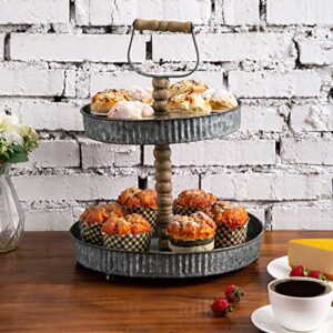 MyGift 2 Tier Cupcake Stand, Rustic Galvanized Silver Metal Pastry, Dessert and Appetizer Serving Display Stand with Carved Wooden Post and Top Handle