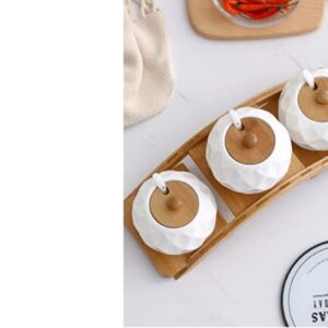 Ceramics Seasoning Box Set Durable 3pcs/Set White Creative Design Condiment Pots with Lid and Spoon for Sugar Coffee Salt Spices and Pepper