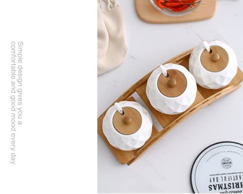 Ceramics Seasoning Box Set Durable 3pcs/Set White Creative Design Condiment Pots with Lid and Spoon for Sugar Coffee Salt Spices and Pepper