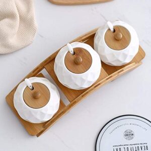 Ceramics Seasoning Box Set Durable 3pcs/Set White Creative Design Condiment Pots with Lid and Spoon for Sugar Coffee Salt Spices and Pepper