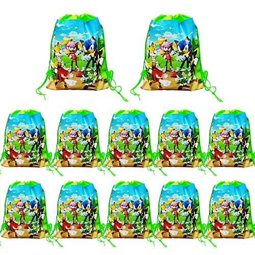 12 Pack Cute Sonic Gift Bags, 14" *11" Sonic Drawstring Bags Storage Backpack Birthday Bags Party Favors for Boys and Girls Birthday Party Supplies