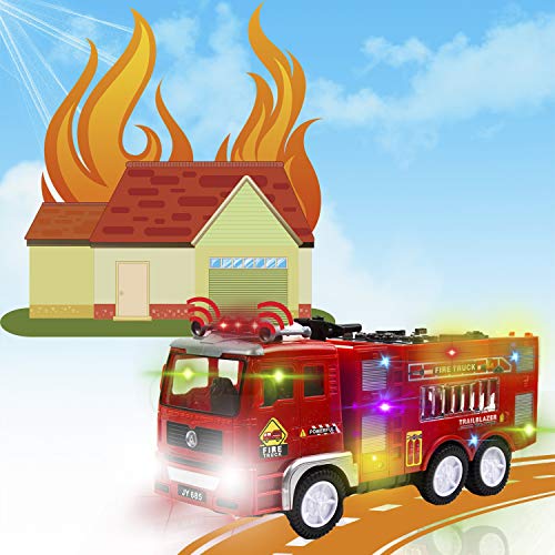 Toysery Fire Truck Toy, Realistic Fire Trucks Toddler Toys, Siren Head Toy with Vivid Lights, Bump and Go Red Fire Trucks for Kids,Fire Truck with Extending Fire Ladder - Cool Toys for Boys