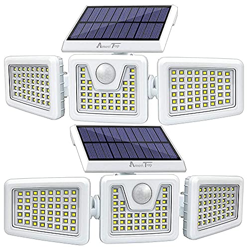 AmeriTop Bundle - 2 Pack Black LED Solar Motion Sensor Lights & 2 Pack White LED Solar Motion Sensor Lights; 128 LED 800LM, 3 Adjustable Heads, 270° Wide Angle Illumination, IP65 Waterproof