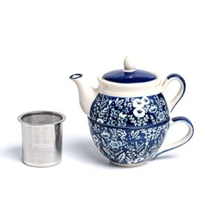 Taimei Teatime Ceramic Tea for One Set, 15 OZ Teapot with Infuser and Cup Set, Blue and White Teapot Set for one, Tea Set for Women, Adults