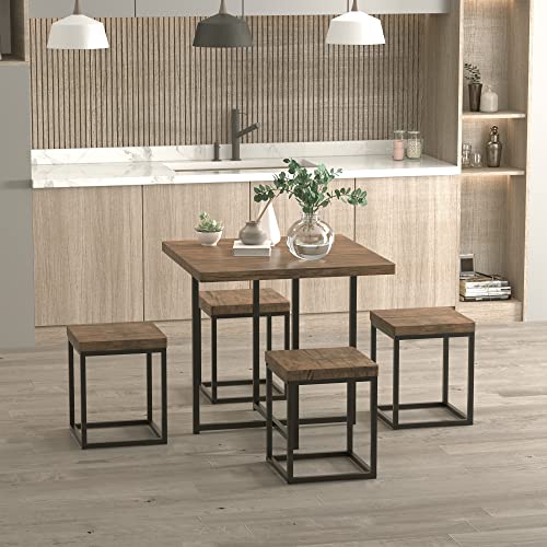 HOMCOM 5 Piece Dining Table Set for 4, Kitchen Table and Chairs for Breakfast Nook, Small Space, Apartment, Space Saving, Walnut Wood Color