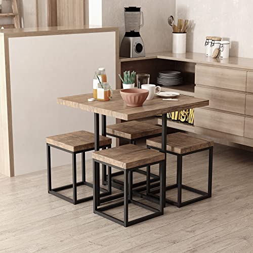 HOMCOM 5 Piece Dining Table Set for 4, Kitchen Table and Chairs for Breakfast Nook, Small Space, Apartment, Space Saving, Walnut Wood Color