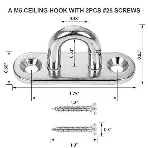 15 Pack 1.8 inch Stainless Steel Ceiling Hook Pad Eye Plate M5 Oblong Pad Eye Marine Hardware Staple Hook Loop Wall Mount Hanger Hook with 30 PCS Screws