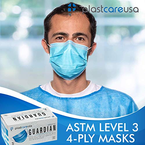 PlastCare USA 100 4-Ply ASTM Level 3 Face Masks, Disposable (Blue) (2 Boxes of 50)