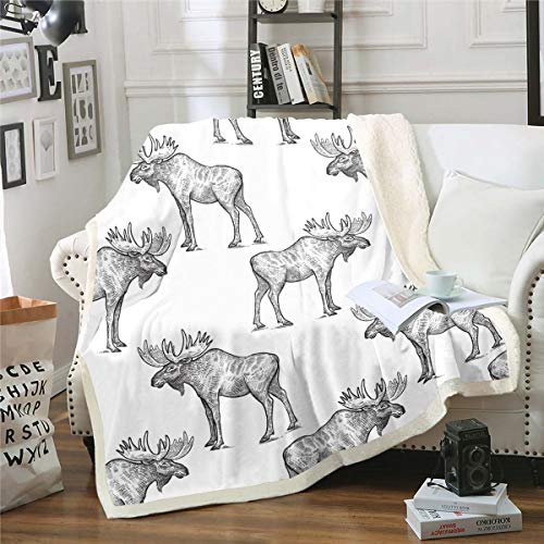 Feelyou Moose Fleece Blanket Wild Animal Theme Sherpa Blanket for Chair Sofa Couch Cartoon Moose Plush Throw Blanket Breathable Gray Wildlife Style Fuzzy Blanket Room Decor Twin 60"x80"