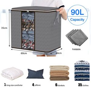 Fixwal Clothes Storage Bags 6 Pack 90L Large Capacity Storage Container for Comforter, Clothing, Blankets, Bedding, Foldable Closet Organizer Storage Bins with Sturdy Zipper Reinforced Handle, Grey