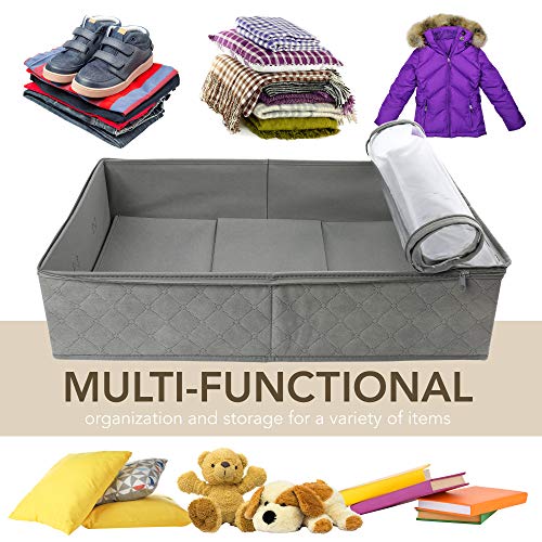 Foldable Underbed Storage Bags, Closet Organizers and storage bins, Clothes Blankets Organizer, with Clear Window and Reinforced Handles, 24” x 16” x 6", Gray, Pack of 2