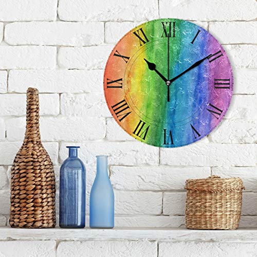 Oreayn Rainbow Stripe Watercolor Gay Wall Clock for Home Office Bedroom Living Room Decor Non Ticking Colorful