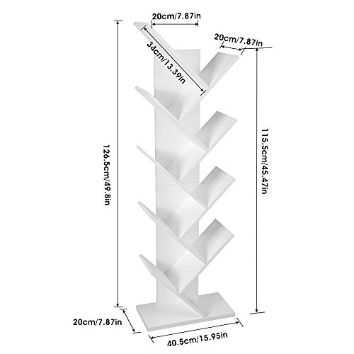 Function Home Tree Bookshelf, 9 Shelf Small Geometric Bookcase, Free Standing Book Shelves, Unique Wood Storage Rack for CDs/Books Utility Organizer Shelves for Living Room, Bedroom, Home Office,White