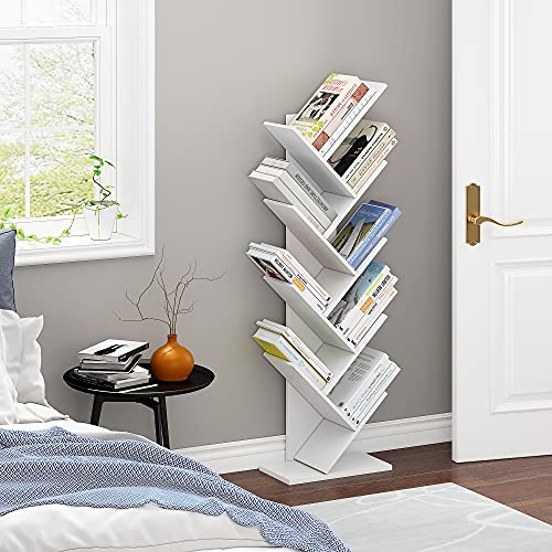 Function Home Tree Bookshelf, 9 Shelf Small Geometric Bookcase, Free Standing Book Shelves, Unique Wood Storage Rack for CDs/Books Utility Organizer Shelves for Living Room, Bedroom, Home Office,White