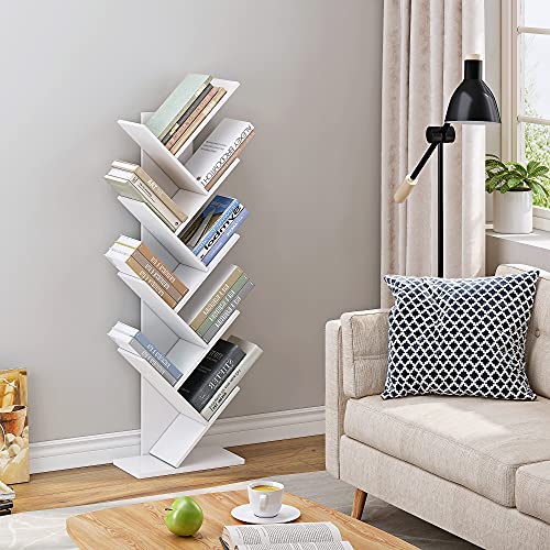 Function Home Tree Bookshelf, 9 Shelf Small Geometric Bookcase, Free Standing Book Shelves, Unique Wood Storage Rack for CDs/Books Utility Organizer Shelves for Living Room, Bedroom, Home Office,White