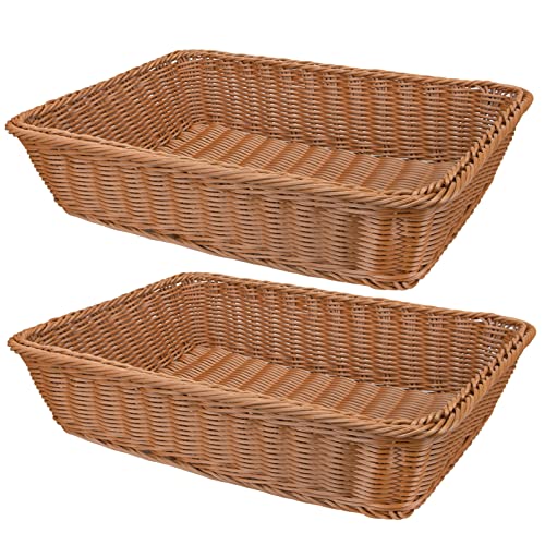 Yarlung 2 Pack Poly Wicker Woven Bread Basket, 16 Inch Rectangular Fruit Baskets Food Serving Holders for Vegetables, Home, Kitchen, Restaurant, Outdoor, Imitation Rattan Brown