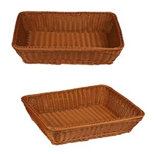 Yarlung 2 Pack Poly Wicker Woven Bread Basket, 16 Inch Rectangular Fruit Baskets Food Serving Holders for Vegetables, Home, Kitchen, Restaurant, Outdoor, Imitation Rattan Brown