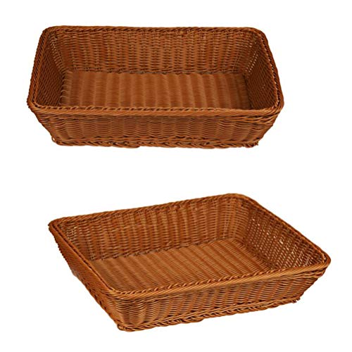 Yarlung 2 Pack Poly Wicker Woven Bread Basket, 16 Inch Rectangular Fruit Baskets Food Serving Holders for Vegetables, Home, Kitchen, Restaurant, Outdoor, Imitation Rattan Brown