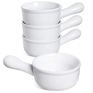 le tauci soup bowls with handle, 15 oz ceramic french onion soup bowls, large soup crocks oven safe for stew, onion, soup, chilli, set of 4, white