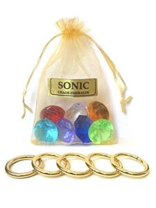 sonic 7 chaos emeralds gems & 5 gold power rings - by aaa world