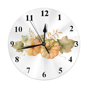 Moslion Wall Clock Watercolor Autumn Pumpkins Harvest Pattern Hand Painted Fall Plants Leaves Round Wall Clock Home Decor Wall Clock for Living Room Bedroom Kitchen Office