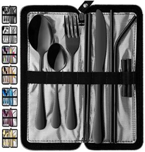 portable travel utensils, reusable silverware with case for fixing tableware, 9 pieces stainless steel stable flatware set, camping picnic cutlery set (black set)