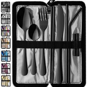 Portable Travel Utensils, Reusable Silverware with Case for Fixing Tableware, 9 Pieces Stainless Steel Stable Flatware Set, Camping Picnic Cutlery Set (Black Set)