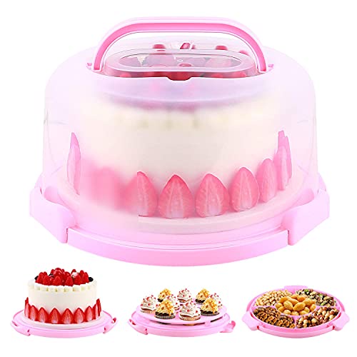 Ohuhu Cake Carrier Cupcake Containers Keeper Cake Stand with Lid Portable Round Cake Container Holder with Handle Two Sided Base for Pies Cookies Nuts Fruit Suitable for 10 inch Cake Perfect Gifts