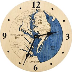 sea & soul chesapeake bay 3-d nautical wood chart 12" wall clock, handcrafted in the usa, topographic water map clock, carved lake art wall clock, coastal décor (deep blue)