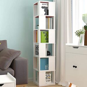 qihang-us 6 tier wooden bookcase corner tall book shelf modern 360° rotating storage display rack floor standing shelves with open design shelving unit for home office living room study, white