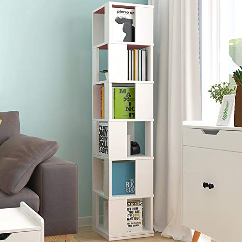 QIHANG-US 6 Tier Wooden Bookcase Corner Tall Book Shelf Modern 360° Rotating Storage Display Rack Floor Standing Shelves with Open Design Shelving Unit for Home Office Living Room Study, White