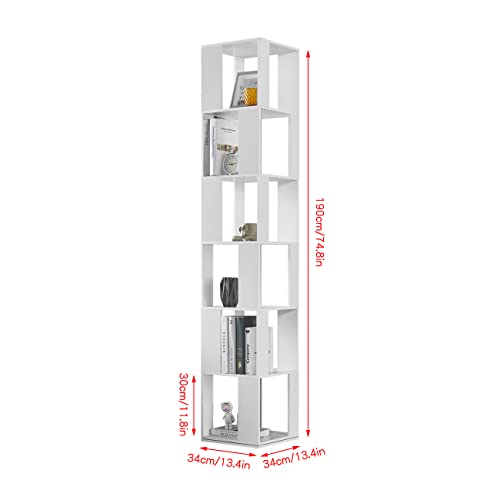 QIHANG-US 6 Tier Wooden Bookcase Corner Tall Book Shelf Modern 360° Rotating Storage Display Rack Floor Standing Shelves with Open Design Shelving Unit for Home Office Living Room Study, White