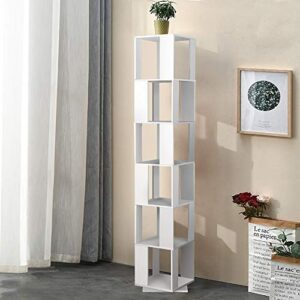 QIHANG-US 6 Tier Wooden Bookcase Corner Tall Book Shelf Modern 360° Rotating Storage Display Rack Floor Standing Shelves with Open Design Shelving Unit for Home Office Living Room Study, White