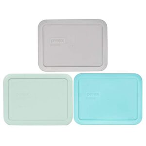 pyrex 7210-pc 3-cup (1) jet gray, (1) muddy aqua, & (1) sun bleached turquoise plastic storage lid, made in usa