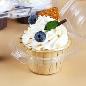 LOKQING 50 Pcs Cupcake Boxes Plastic Individual Cupcake Containers Single Cupcake Carrier with Connected Airtight Dome Lid for Party