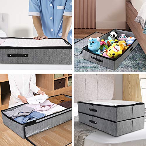 WISELIFE Under Bed Storage Bins Containers (2-Pack) Large Foldable Shoe Storage Organizers with Clear Lid, 2-Way Zippers, Sturdy Riveted Handles, Rigid Structure 33x17x6 in