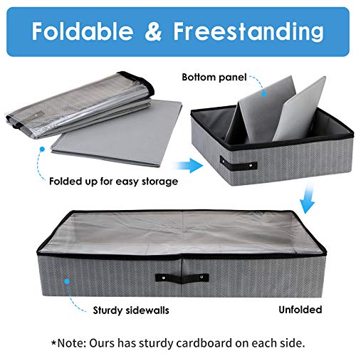 WISELIFE Under Bed Storage Bins Containers (2-Pack) Large Foldable Shoe Storage Organizers with Clear Lid, 2-Way Zippers, Sturdy Riveted Handles, Rigid Structure 33x17x6 in