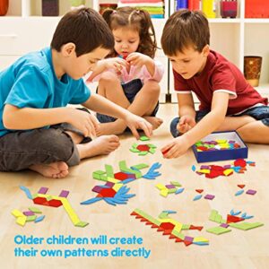 Coogam 160 PCS Wooden Shape Puzzle Pattern Blocks, Geometric Tangrams Game Brain Teaser Toy, Geo Preschool Learning Activity STEM Montessori Gift for Kids with 24 Pcs Design Cards