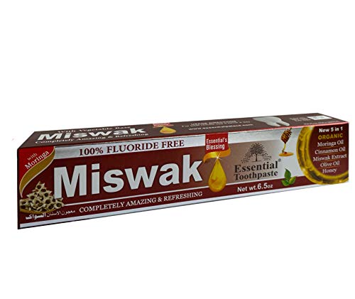 Essential Palace (Pack of 6) Organic Miswak Herbal Whitening Toothpaste - Refreshing- with Moringa Oil, Cinnamon Oil, Miswak Extract, Olive Oil & Honey- 100% Fluoride Free & Vegetable Base - 6.5 Oz