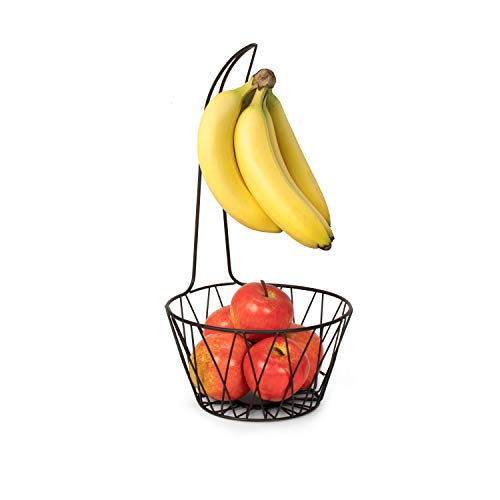 Spectrum Diversified Paxton Tree & Basket Hanger & Fruit Basket, Produce Saver Banana Holder & Open Wire Fruit Bowl for Kitchen Counter & Dining Table, Black