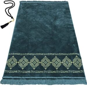 modefa turkish islamic prayer rug - large & wide soft velvet janamaz - comfortable muslim praying mat for men & women - ramadan or eid gift - with prayer beads tesbih - grand plush (teal)